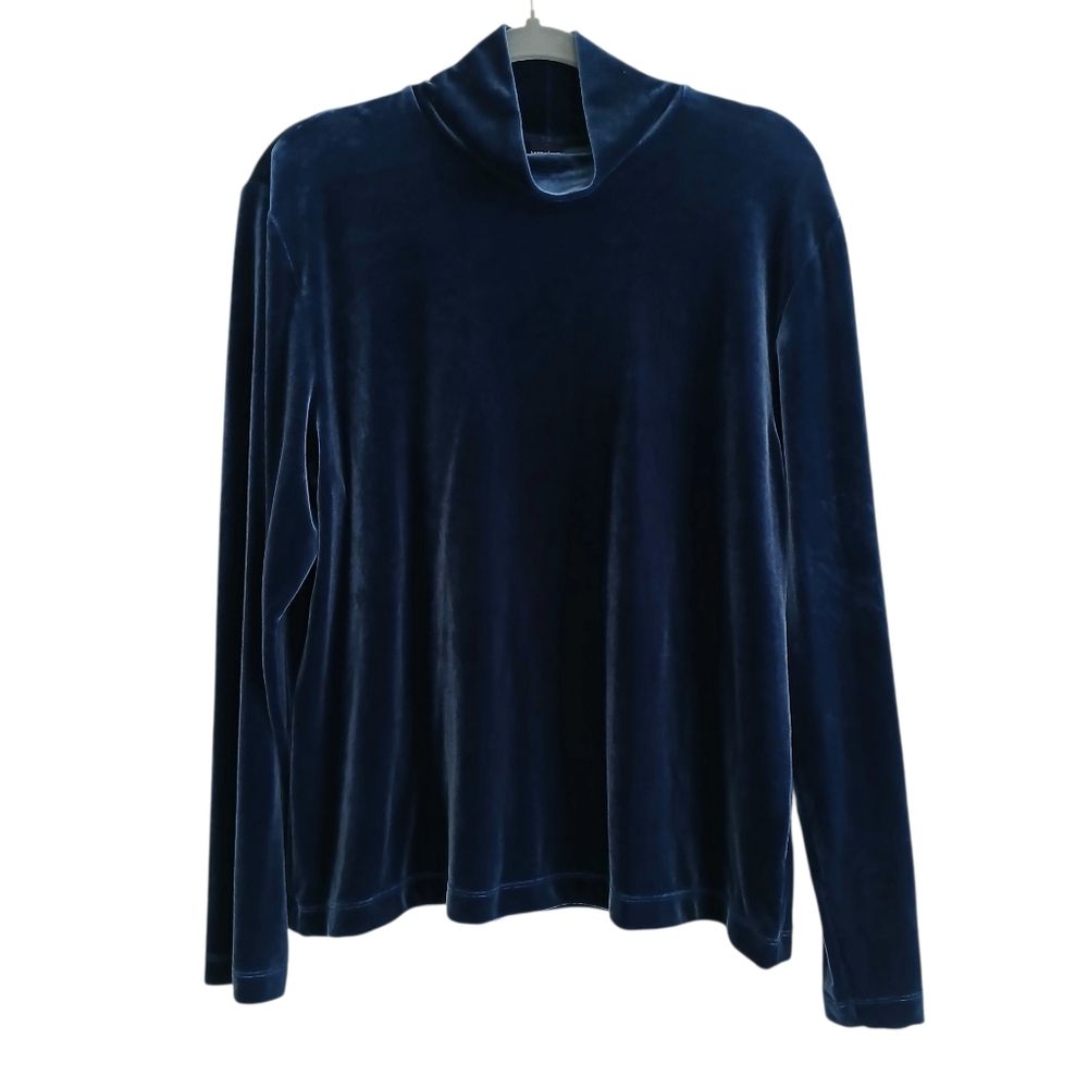 Land's End Velvet Jewel Tone Mock Neck Long Sleeve Top Women's XL Blue Stretch